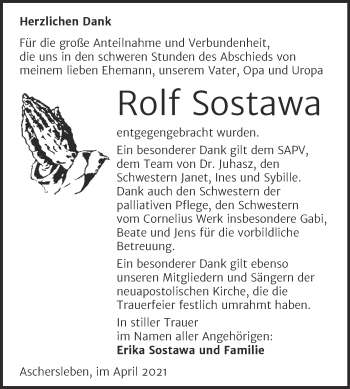 Traueranzeige von Rolf Sostawa von Trauerkombi Aschersleben