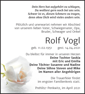 Traueranzeige von Rolf Vogl von Mitteldeutsche Zeitung Zeitz