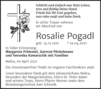 Traueranzeige von Rosalie Pogadl von Wochenspiegel Naumburg/Nebra