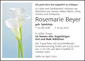 Traueranzeige von Rosemarie Beyer von Mitteldeutsche Zeitung Halle/Saalkreis