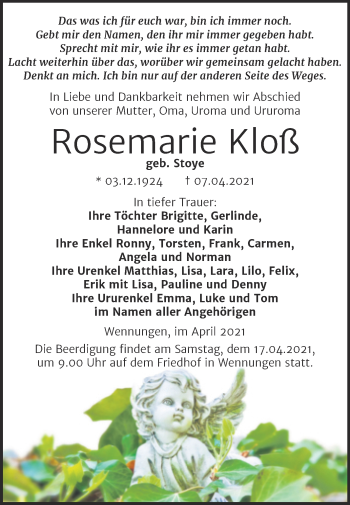 Traueranzeige von Rosemarie Kloß von Wochenspiegel Naumburg/Nebra