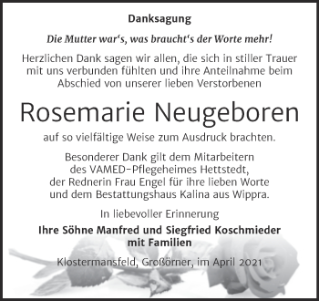 Traueranzeige von Rosemarie Neugeboren von Mitteldeutsche Zeitung Mansfelder Land