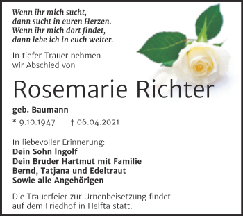 Traueranzeige von Rosemarie Richter von Mitteldeutsche Zeitung Mansfelder Land