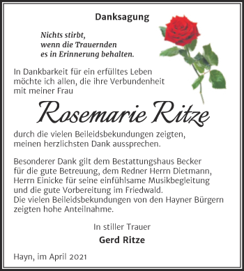 Traueranzeige von Rosemarie Ritze von Mitteldeutsche Zeitung Sangerhausen