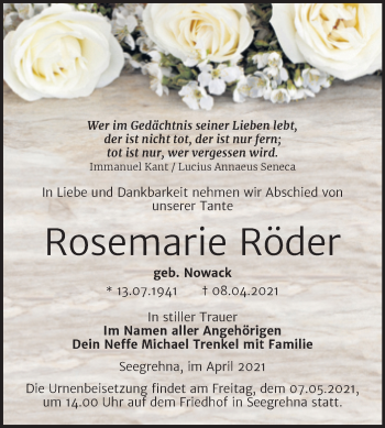 Traueranzeige von Rosemarie Röder von Mitteldeutsche Zeitung Wittenberg