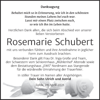 Traueranzeige von Rosemarie Schubert von Mitteldeutsche Zeitung Mansfelder Land