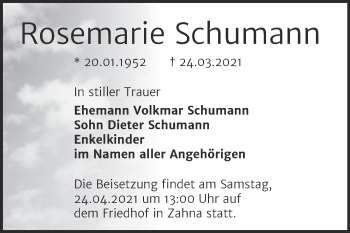 Traueranzeige von Rosemarie Schumann von Mitteldeutsche Zeitung Wittenberg