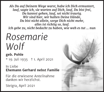 Traueranzeige von Rosemarie Wolf von Mitteldeutsche Zeitung Merseburg/Querfurt