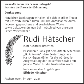 Traueranzeige von Rudi Hätscher von Trauerkombi Aschersleben