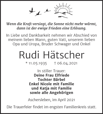 Traueranzeige von Rudi Hätscher von Mitteldeutsche Zeitung Aschersleben