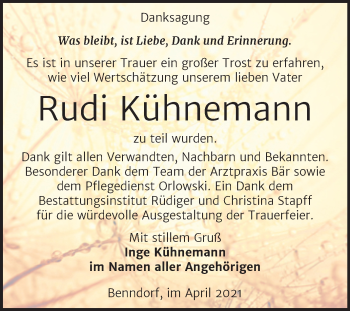 Traueranzeige von Rudi Kühnemann von Mitteldeutsche Zeitung Mansfelder Land