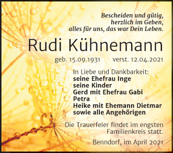 Traueranzeige von Rudi Kühnemann von Mitteldeutsche Zeitung Mansfelder Land