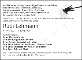 Traueranzeige von Rudi Lehmann von Mitteldeutsche Zeitung Bitterfeld
