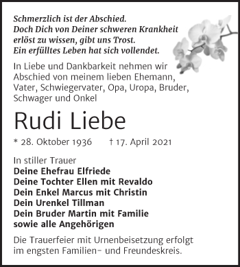 Traueranzeige von Rudi Liebe von Mitteldeutsche Zeitung Bitterfeld