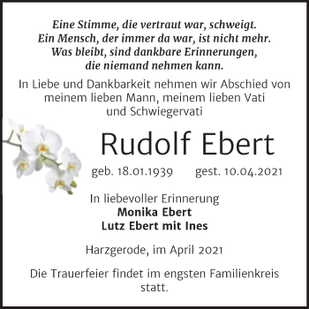 Traueranzeige von Rudolf Ebert von Super Sonntag Quedlingburg