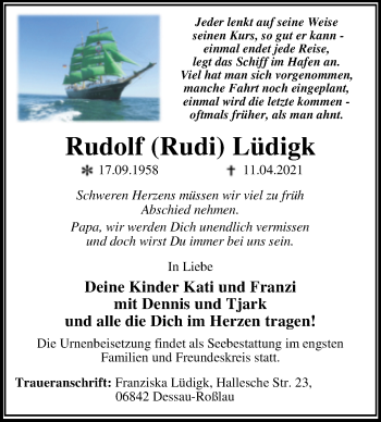 Traueranzeige von Rudolf Lüdigk von Mitteldeutsche Zeitung Dessau-Roßlau