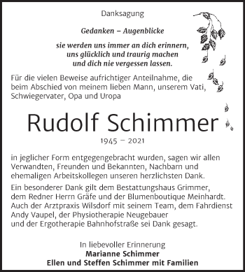 Traueranzeige von Rudolf Schimmer von Trauerkombi Mansfelder Land