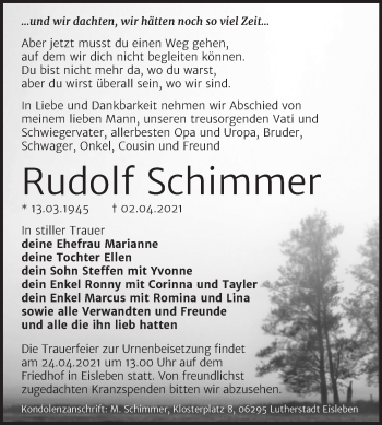 Traueranzeige von Rudolf Schimmer von Mitteldeutsche Zeitung Mansfelder Land