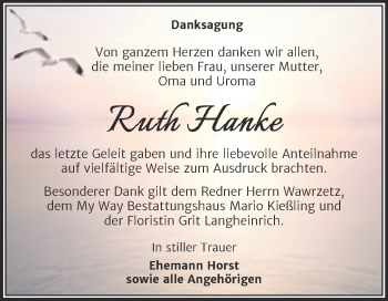 Traueranzeige von Ruth Hanke von Trauerkombi Merseburg
