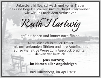 Traueranzeige von Ruth Hartwig von Trauerkombi Merseburg