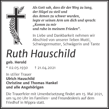 Traueranzeige von Ruth Hauschild von Trauerkombi Mansfelder Land