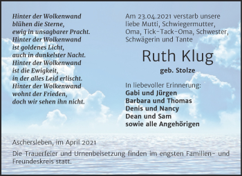 Traueranzeige von Ruth Klug von Trauerkombi Aschersleben