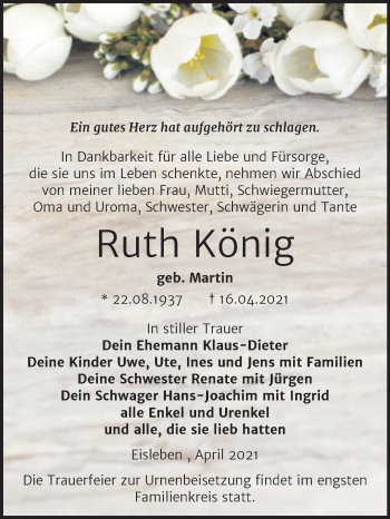 Traueranzeige von Ruth König von Trauerkombi Mansfelder Land