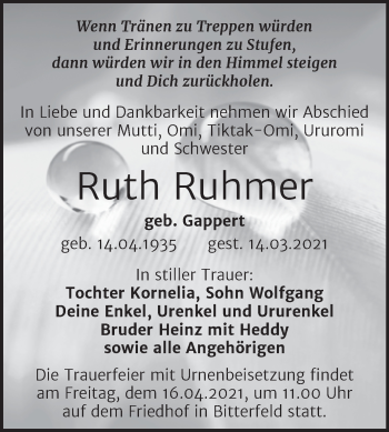 Traueranzeige von Ruth Ruhmer von Mitteldeutsche Zeitung Bitterfeld