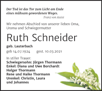 Traueranzeige von Ruth Schneider von Mitteldeutsche Zeitung Dessau-Roßlau