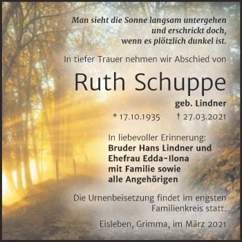 Traueranzeige von Ruth Schuppe von Mitteldeutsche Zeitung Mansfelder Land