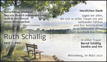 Traueranzeige von Ruth Schällig von Mitteldeutsche Zeitung Wittenberg