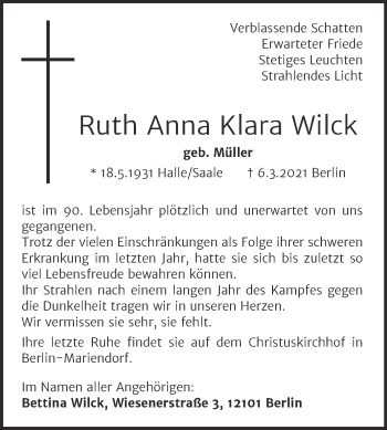 Traueranzeige von Ruth Anna Klara Wilck von Mitteldeutsche Zeitung Naumburg/Nebra