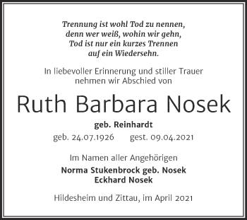 Traueranzeige von Ruth Barbara Nosek von Mitteldeutsche Zeitung Zeitz