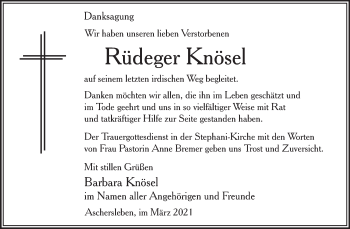 Traueranzeige von Rüdeger Knösel von Mitteldeutsche Zeitung Aschersleben
