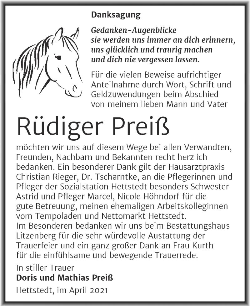  Traueranzeige für Rüdiger Preiß vom 10.04.2021 aus Mitteldeutsche Zeitung Mansfelder Land