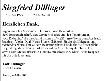 Traueranzeige von Siegfried Dillinger von Mitteldeutsche Zeitung Dessau-Roßlau