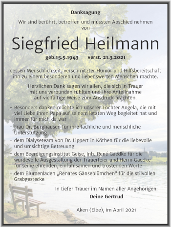 Traueranzeige von Siegfried Heilmann von Mitteldeutsche Zeitung Köthen