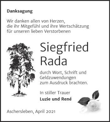 Traueranzeige von Siegfried Rada von Mitteldeutsche Zeitung Aschersleben