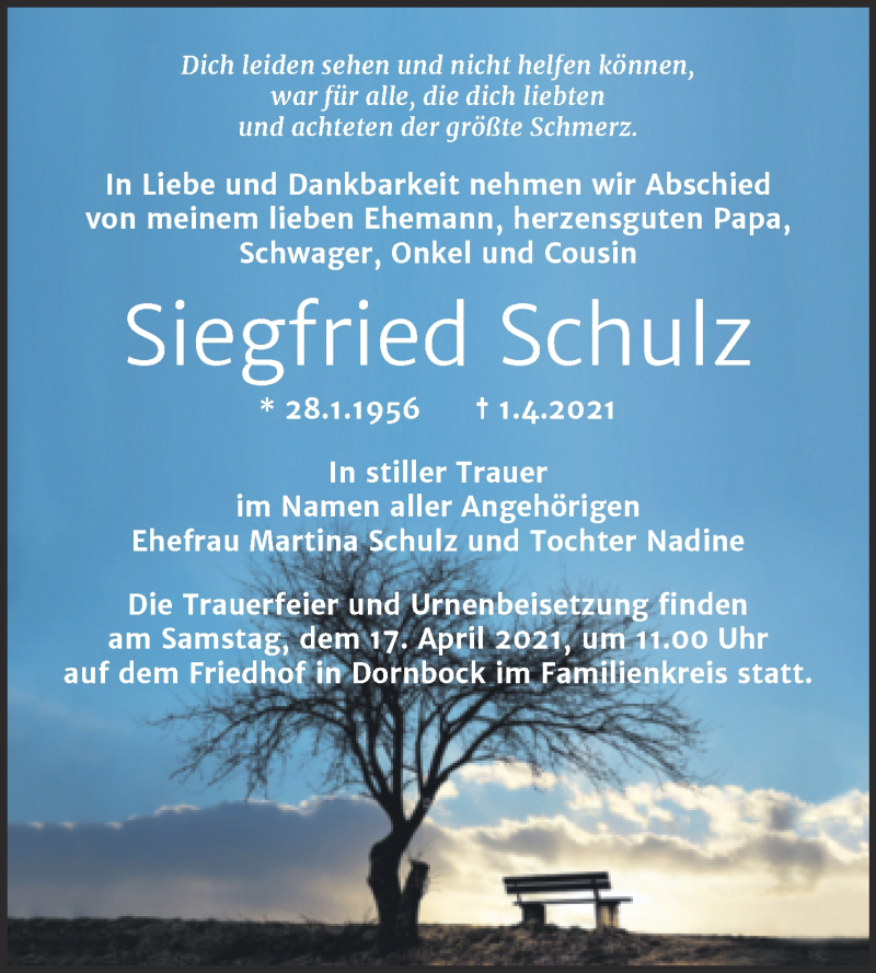  Traueranzeige für Siegfried Schulz vom 10.04.2021 aus Mitteldeutsche Zeitung Köthen