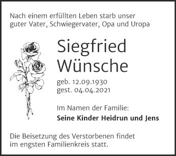 Traueranzeige von Siegfried Wünsche von Mitteldeutsche Zeitung Aschersleben
