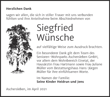 Traueranzeige von Siegfried Wünsche von Trauerkombi Aschersleben