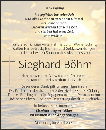 Traueranzeige von Sieghard Böhm von Mitteldeutsche Zeitung Köthen