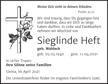 Traueranzeige von Sieglinde Heft von Wochenspiegel Naumburg/Nebra