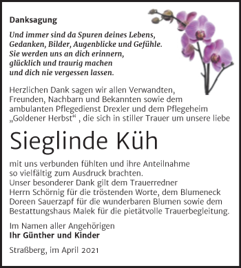 Traueranzeige von Sieglinde Küh von Trauerkombi Quedlinburg