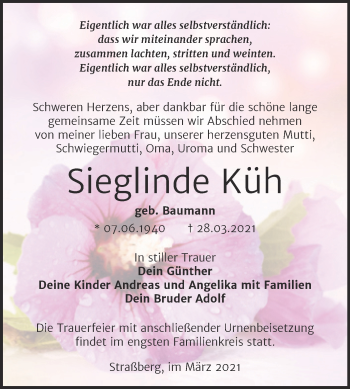 Traueranzeige von Sieglinde Küh von Mitteldeutsche Zeitung Quedlingburg