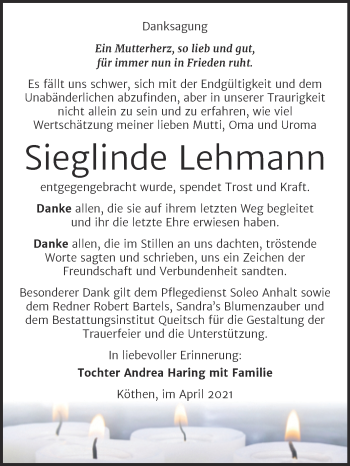 Traueranzeige von Sieglinde Lehmann von Mitteldeutsche Zeitung Köthen
