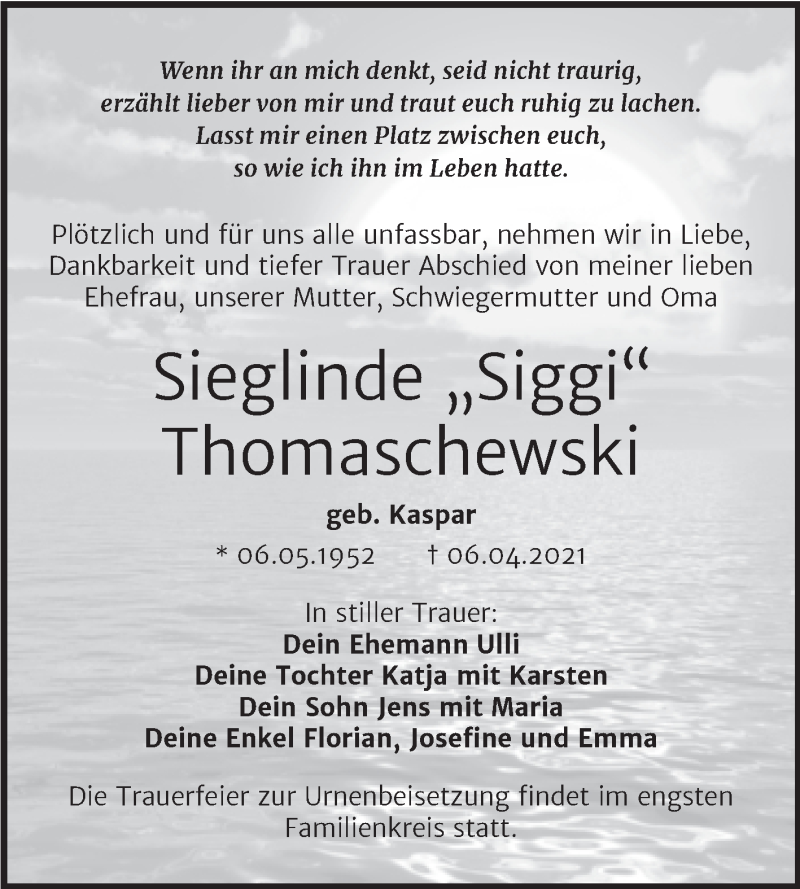  Traueranzeige für Sieglinde Thomaschewski vom 10.04.2021 aus Mitteldeutsche Zeitung Halle/Saalkreis