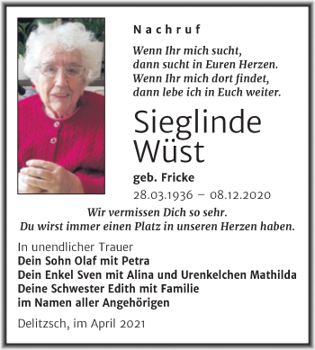 Traueranzeige von Sieglinde Wüst von Mitteldeutsche Zeitung Merseburg/Querfurt