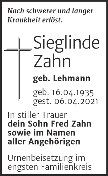 Traueranzeige von Sieglinde Zahn von Wochenspiegel Naumburg/Nebra