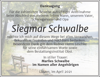 Traueranzeige von Siegmar Schwalbe von Mitteldeutsche Zeitung Weißenfels